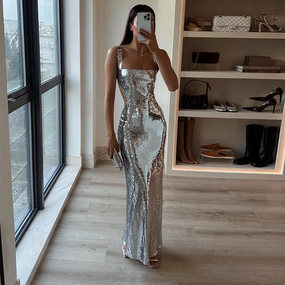 Sexy Sling Backless Silvery Maxi Dress