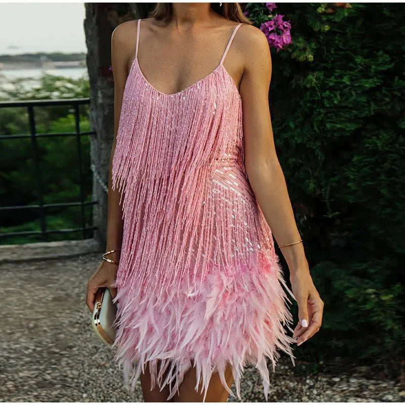 Sexy Tassel Sequins Feather Mini Dress Women Spaghetti Strap Evening Party Club Dress