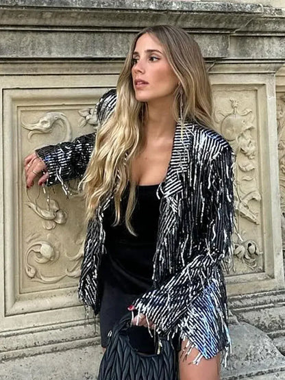 Chic Silver Sequined Fringe Blazer For Women