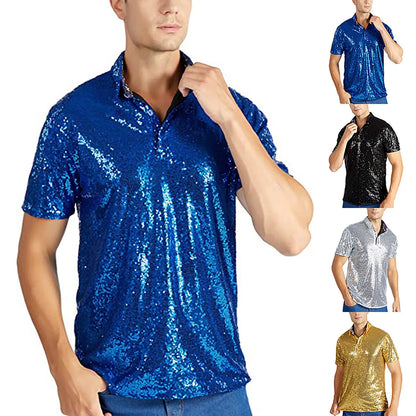 Men's Relaxed Short Sleeve Turndown Sparkles Sequins Polos Shirts 70s Disco Nightclub Party