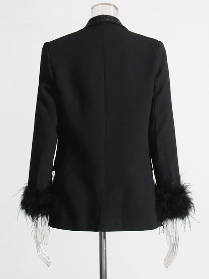 Loose Blazers For Women Shawl Collar Long Sleeve Spliced Feather Chic Blazer