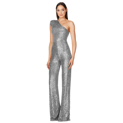 Women Elegant Long Jumpsuits Slanted Collar Party Glitter Sequin Club Playsuits