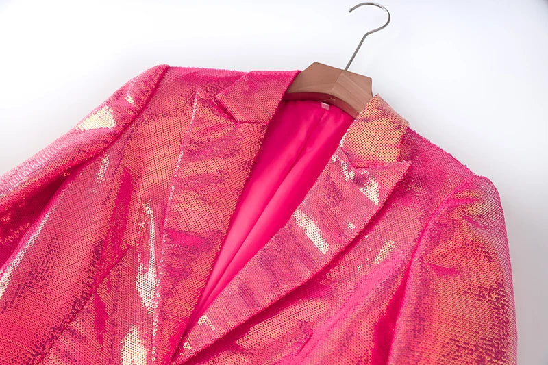Bling Fuchsia Pink Sequins Cloth Suit Single Button Blazer Shorts 2 piece Sets