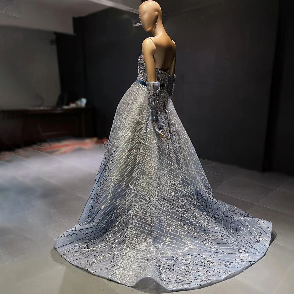 Blue Beaded Evening Dress Luxury Crystal Long Formal Prom Dress