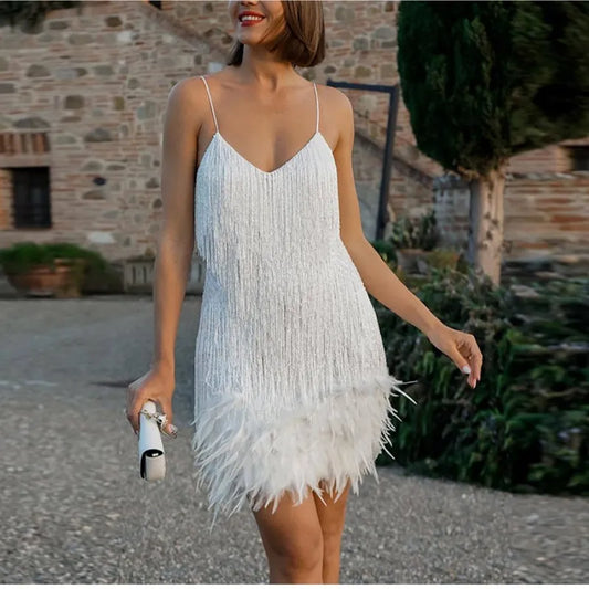 Sexy Tassel Sequins Feather Mini Dress Women Spaghetti Strap Evening Party Club Dress