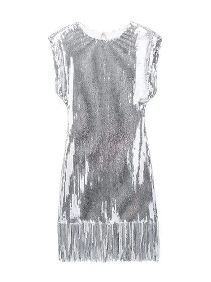 Women's Sequin Tassel Short Dress Slim Round Neck Sleeveless Lined Dresses