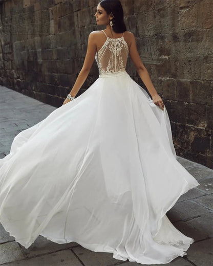 Boho Backless Chiffon Sleeveless Lace Bride Jumpsuit Wedding Dress