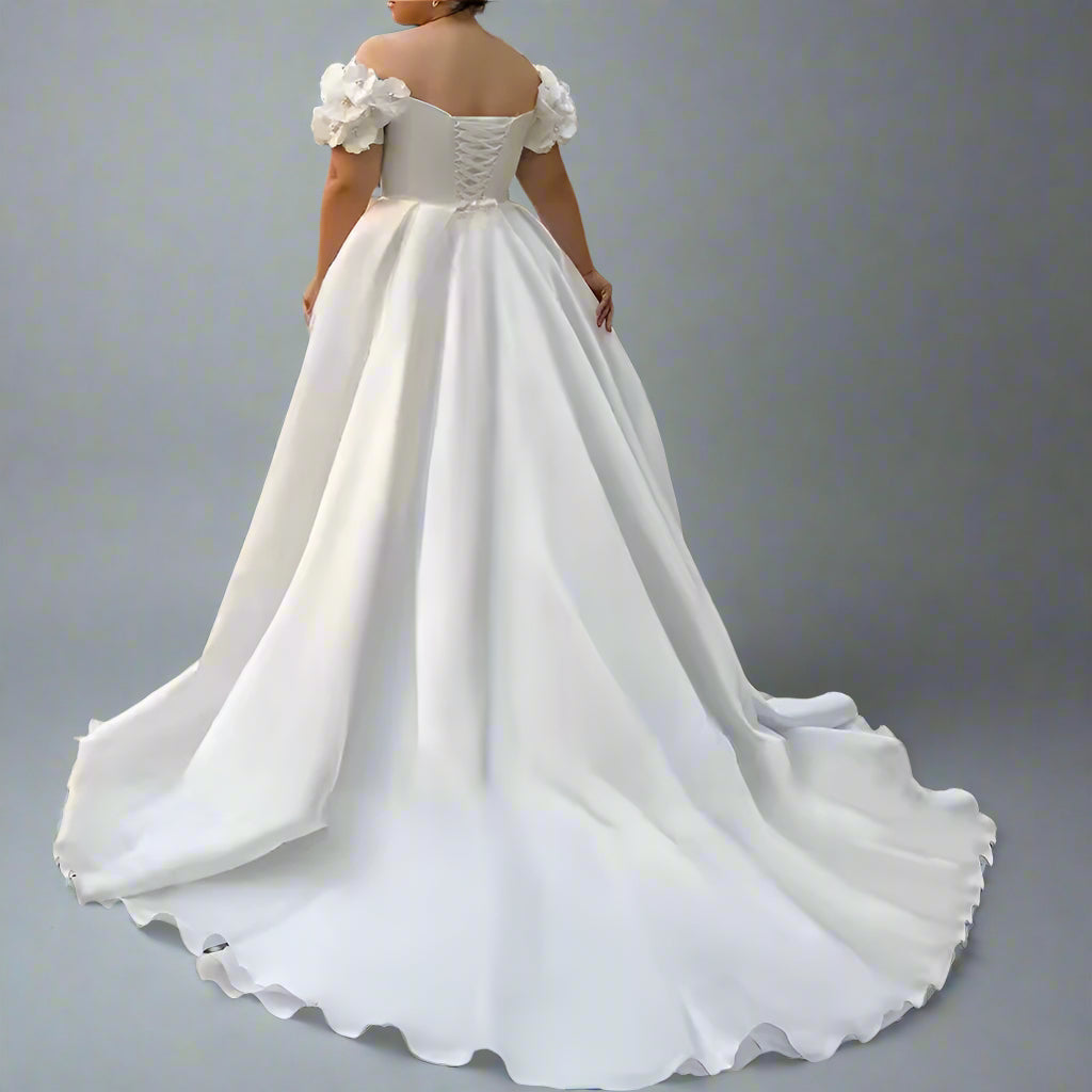 Satin A-Line Lace Up Off Shoulder Side Split Bridal Gown