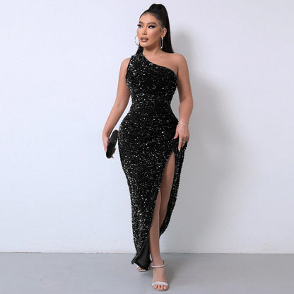 Sexy Sequin Night One Shoulder Sleeveless Bodycon Evening Prom Dress