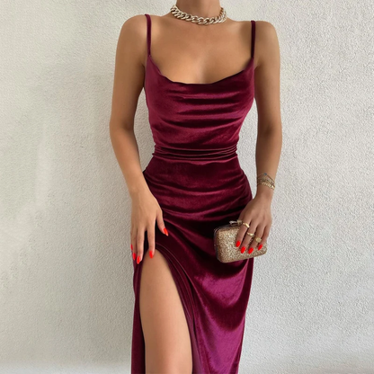 Velvet Swing Collar Sleeveless Slip Sexy Slit Dress | Evening Wear | Bridesmaid Dress