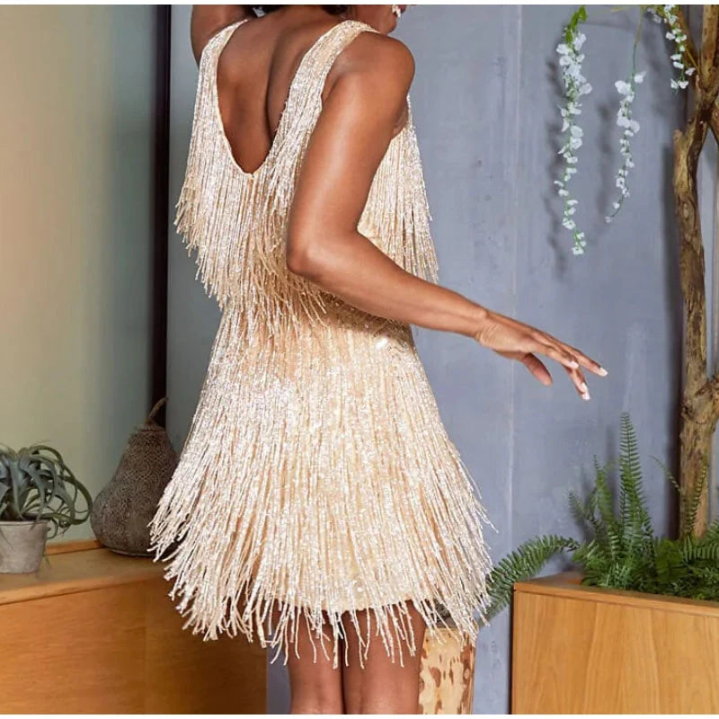 Sexy Tassel Sequins Feather Mini Dress Women Spaghetti Strap Evening Party Club Dress