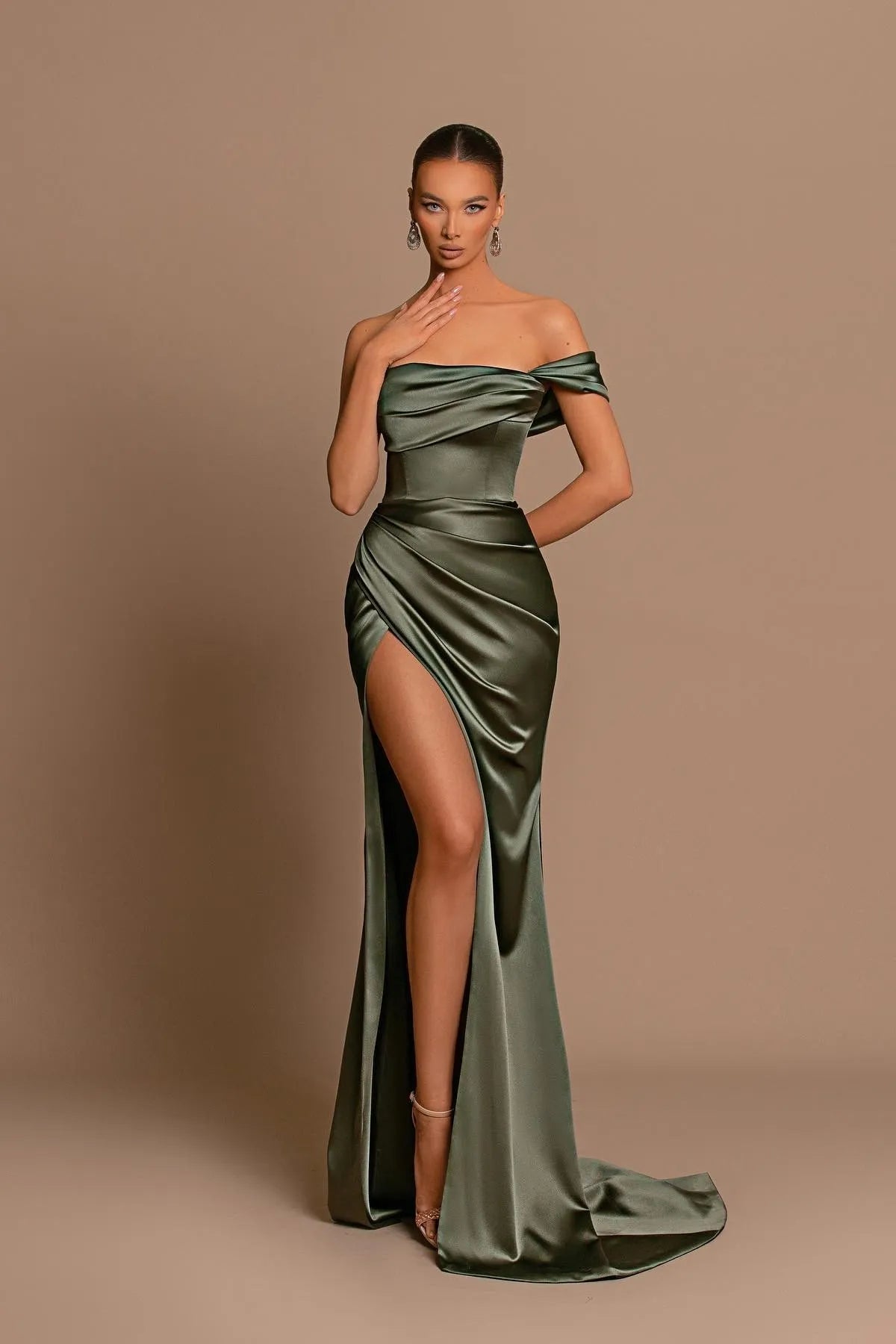 Sexy One-Shoulder Mermaid Evening Dress High Slit Off the Shoulder Sleeve Classic Formal Prom Party Wedding Dress