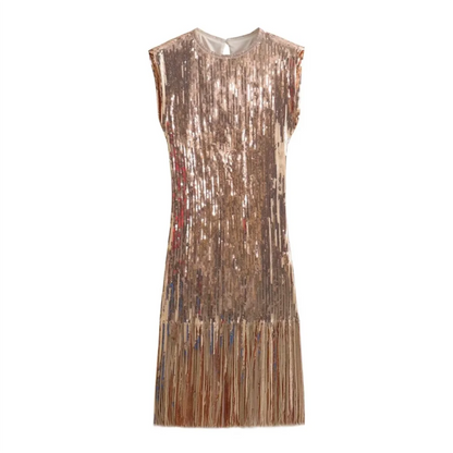 Women's Sequin Tassel Short Dress Slim Round Neck Sleeveless Lined Dresses