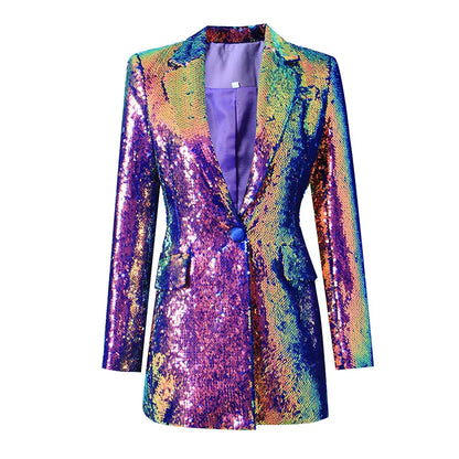 Luxury All Covered Bright Sequins Long Sleeve Single Button Women Fashion Streetwear Slim Blazer