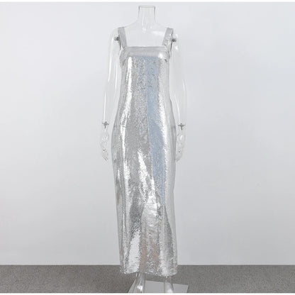 Sexy Sling Backless Silvery Maxi Dress