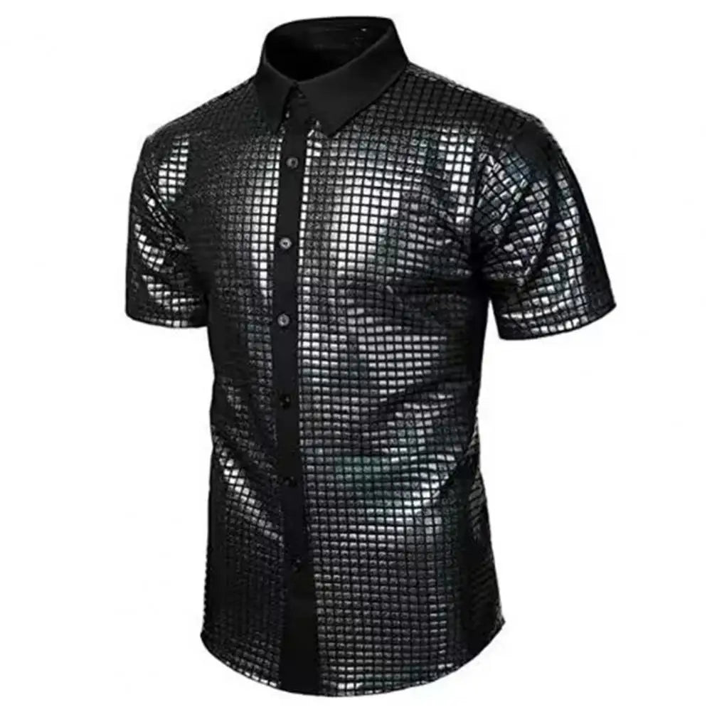 Men Club Shirt Vintage 70s Disco Men's Club Shirt Reflective Shiny Sequins Turn-down Collar Short Sleeve Button Down Men