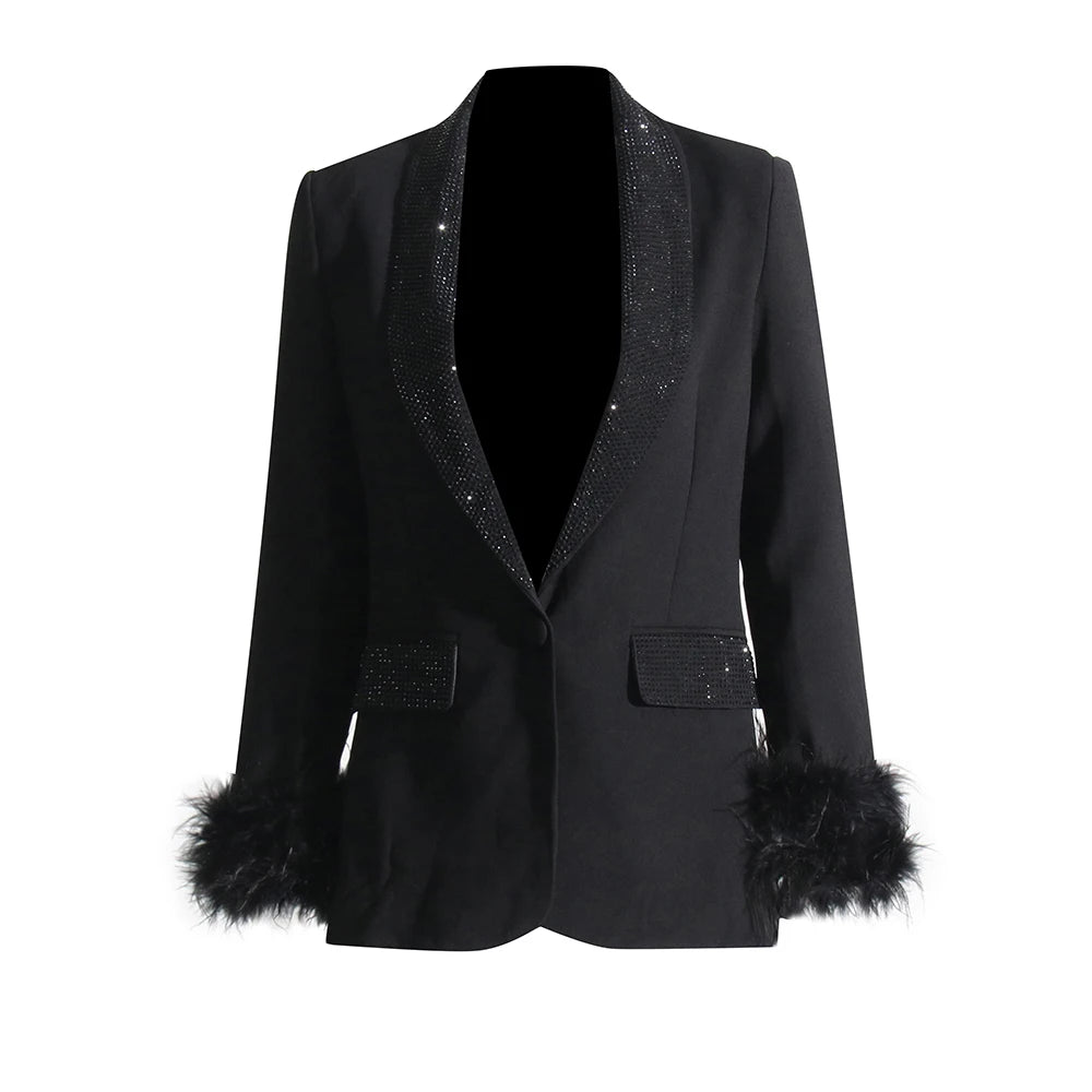 Loose Blazers For Women Shawl Collar Long Sleeve Spliced Feather Chic Blazer